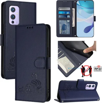 Produktbild von Leder Hülle für OnePlus 9 Süße Katze Flip Case Brieftasche Schutzhülle mit Standfunktion Blau