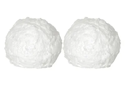Two white, textured spheres, resembling snowballs, are presented side-by-side against a white background.