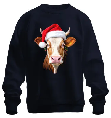 Produktbild von Weihnachtskuh Nikolausmütze Bauernhof Geschenk niedlich Sweatshirt Pullover, Navy, S