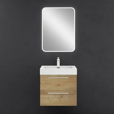 Image de doporro Meuble de Salle de Bains Marron Clair Ensemble de 3 Pièces Meuble Suspendu avec Lavabo 60cm et Miroir LED Design Quadratto