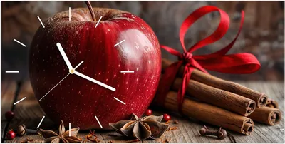Produktbild von Wanduhr aus Glas mit Motiv Apfel mit Zimt- 60 x 30 cm - inkl. Aufhängesystem