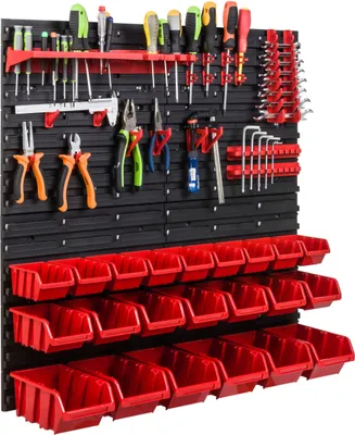Produktbild von Lagersystem Werkstattregal | 78 x78 cm | 22 stck. Box | Wandregal mit Werkzeughalterungen und Stapelboxen - Wandplatten Extra Starke Schüttenregal Warkzeuglochwand Lagerregal Garage Regal