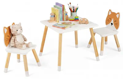 Produktbild von KOMFOTTEU Kindertisch mit 2 Stühlen, Kindersitzgruppe, Kinderstühle mit katzenförmige Rückenlehne & massive Kiefernholzfüße, Aktivitätstisch für Kinderzimmer & Kindergärten, Maltisch für Kinder ab 3 Jahren