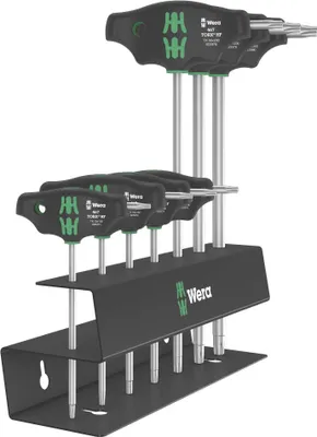 A set of Wera TORX screwdrivers on a black stand.