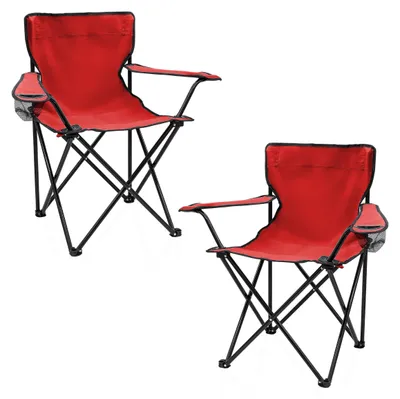 Image de Chaise de camping pliante - Avec porte-gobelet - Lot de 2 - Rouge - Pour festival, jardin et pêche
