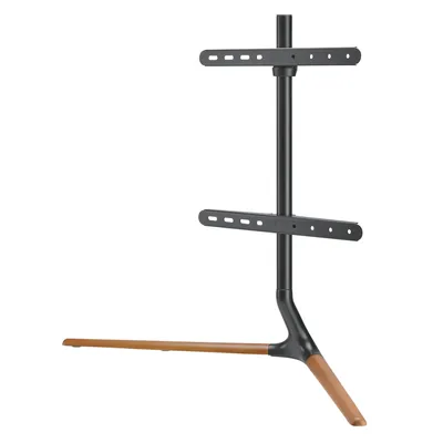 A black and wood TV stand on a white background.