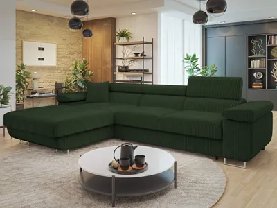 A green sectional sofa in a modern living room setting with a white coffee table in front.