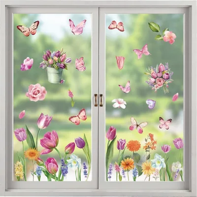 Immagine prodotto di Adesivi per finestre a tema primaverile, confezione da 9 fogli. Motivi: fiori, farfalle. Autoadesivi, bifacciali, riutilizzabili, in PVC