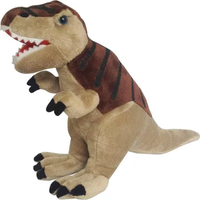 A plush toy dinosaur against a white background.