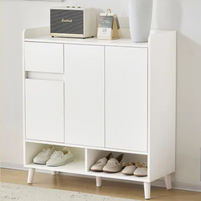 Image de Commode / Buffet / Rangement à chaussures avec étagères réglables – Organisateur minimaliste pour la maison avec pieds en bois massif – Blanc, Dimensions : H99 cm x L90 cm x P35 cm