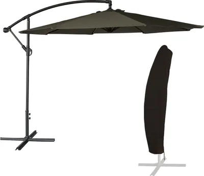 A cantilever umbrella and its cover are shown against a white background.