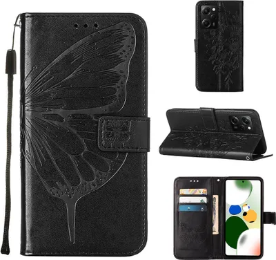 Produktbild von Lederhülle für Xiaomi Poco X5 Pro / Redmi Note 12 Pro Speed Schmetterling Prägung Flip Ledertasche Kartenfächer Handyhülle mit Ständer Schwarz