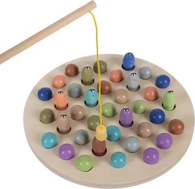 A wooden fishing game with colorful magnetic fish pieces and a fishing rod.