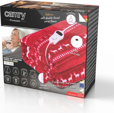 The image shows the packaging of a Camry electric heated throw blanket, with the blanket itself partially visible.