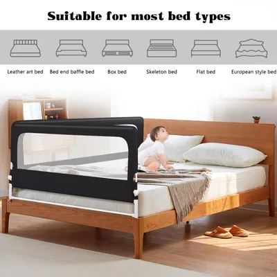 Image de barrière de lit 200cm Barrière de sécurité pour jeunes enfants Bébés et enfants Hauteur réglable 70cm (Noir,1 côté)