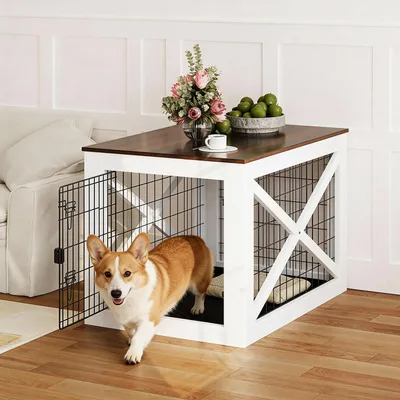 Produktbild von Hundebox Tisch 98x67,3x68,6cm Landhausstil, Doppelfunktion als Hundekäfigverkleidung & Couchtisch, Weiß-Braun, für Wohnzimmer