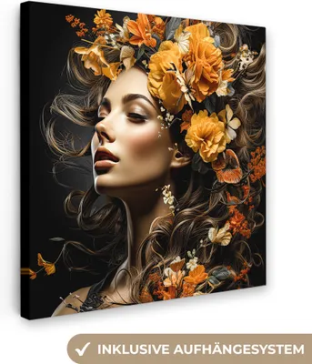 Produktbild von MuchoWow® - Leinwandbilder - Frau - Porträt - Blumen - Farbenfroh, Wandbild, Wanddeko Bilder Wohnzimmer, 50x50 cm