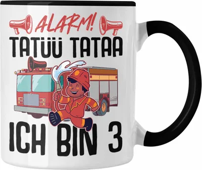 Produktbild von Trendation - 3. Geburtstag Geschenk Jungs Feuerwehr Tasse Geschenke Zubehör Lustig Kinder Geburtstag Spruch Ich Bin 3 (Schwarz)