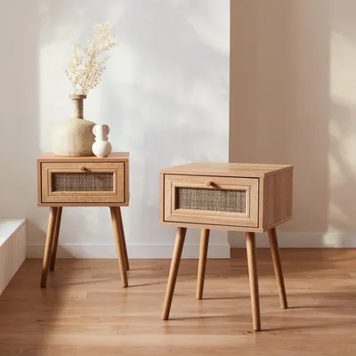 Produktbild von sweeek - 2er-Set Nachttische mit Holzlook und Rohrgeflecht - Natur