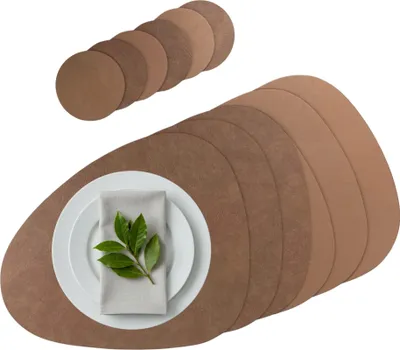 Produktbild von Platzset 6er Set, 2in1 Wende-Tischunterlage Kunstleder oval, Platzdeckchen 40x31cm Nierenform (coffee braun)