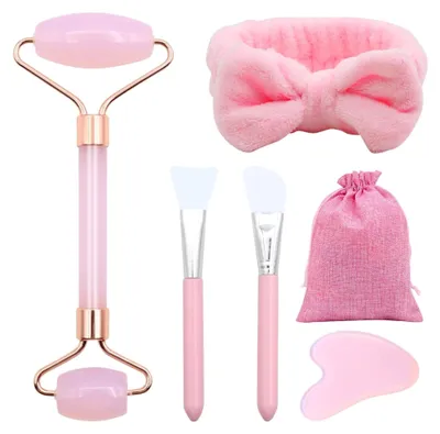 Produktbild von Gua Sha Set – Rosenquarz und Jade Roller für Gesicht und Körper