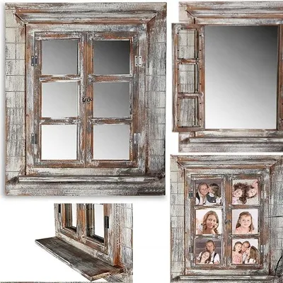 Produktbild von Wandspiegel mit Fensterläden 64x54cm Shabby Chic Spiegelfenster mit Ablage, Fenstertüren als Bilderrahmen 13x13cm nutzbar