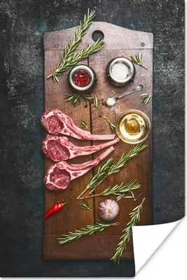 Produktbild von MuchoWow® Poster Lamm auf einem dunklen Holzschneidebrett 60x90 cm - Wanddekoration