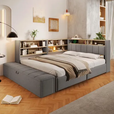 Obrázok produktu pre Rozkladacia pohovka Flieks 140x200 cm s podnožkou, hydraulická posteľ s úložným priestorom a portami USB, denná pohovka s úložnými priehradkami, materiál: zamat, farba: sivá