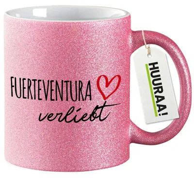 Produktbild von Huuraa Glitzertasse Fuerteventura verliebt 330ml Pink Keramik Kaffeebecher Geschenkidee