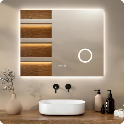 Image de Miroir de salle de bain LED Mirlux - 100 x 80 cm - Rectangulaire, sans cadre - 3 modes d'éclairage réglables - Fonction anti-buée - Étanchéité IP44 ettactile