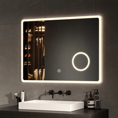 Produktbild von EMKE Badezimmerspiegel LED Badspiegel Wandspiegel 80x60cm mit Touch-Schalter Vergrößerung Schminkspiegel 3 Lichtfarben und Beschlagfrei