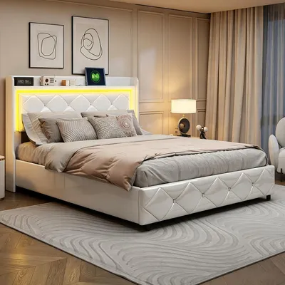 Zdjęcie produktu dla Łóżka platformowe INONEFT 140x200 z podświetleniem LED i portami USB, podwójne łóżko tapicerowane z zagłówkiem, łóżko hydrauliczne z pojemnikiem na pościel, łóżko młodzieżowe, materiał: PU, kolor: biały