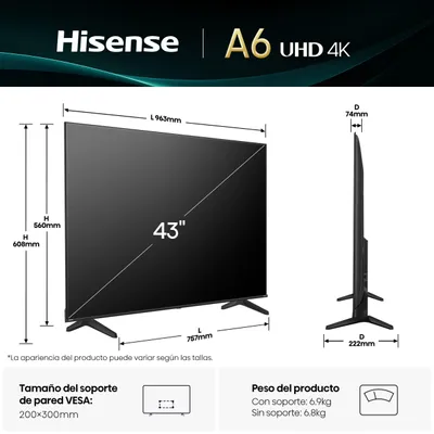 Produktbild von Hisense 43A6Q Fernseher 109 2 cm (43 ) 4K Ultra HD Smart-TV WLAN Schwarz 300 cd/m2