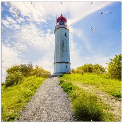 Produktbild von Wallario XXL Outdoor-Poster für Garten oder Balkon, Motiv Leuchtturm auf Hiddensee bei Sonnenschein, in ca. 200 x 200 cm