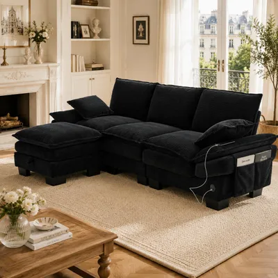 Productafbeelding van Modulaire driezitter bank, bekleding van cordura, hocker, USB-C poort, zijvakken, hoogwaardig schuim, ergonomisch ontwerp (lichtgrijs), AI-gegenereerde afbeelding