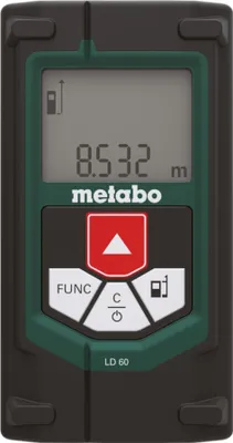 A Metabo laser distance measurer is shown against a white background.