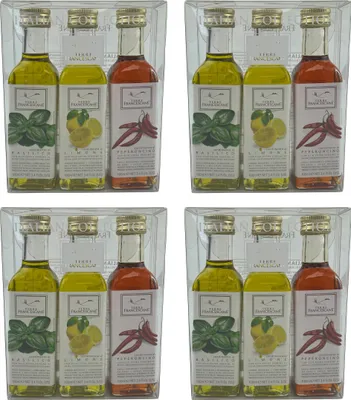 Produktbild von Food-United DRESSING-OLIVENÖL Fläschchen Geschenk-Set 12x 100ml, ITALIAN COLLECTION, italienisches Olivenöl extra nativ kaltgepresst mit nur 0,8 % Säure, von TERRE FRANCESCANE, Basilikum Zitrone Chili