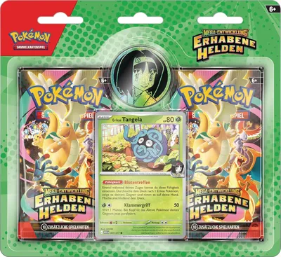 A retail package containing Pokémon trading cards, booster packs, and a coin.