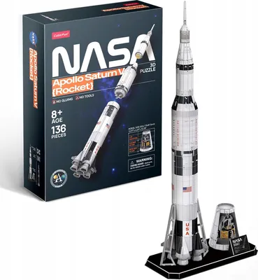 A 3D puzzle of the Apollo Saturn V rocket and its packaging are displayed against a white background.