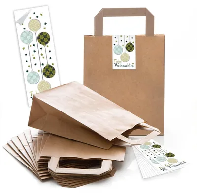 Produktbild von 10 braune Papiertüte Geschenk-tüte Weihnachtstüte Boden 18 x 8 x 22 cm kleine Papiertasche Weihnachts-Aufkleber FROHE WEIHNACHTEN grün natur weiß Verpackung Weihnachten Kraftpapier-Tüten25 Stück