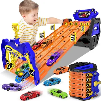 Immagine prodotto di Camioncino giocattolo con pista da corsa - Trasportatore di auto - Pista a 5 corsie - 5 auto incluse - Portatile - Plastica ABS - Senza batterie - Arancione