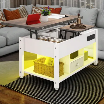 Produktbild von BALCONERA Couchtische, Beistelltische, Wohnzimmertisch, Höhenverstellbar, Esstisch-umwandelbar, Stauraum, LED-Beleuchtung, weiß + braun
