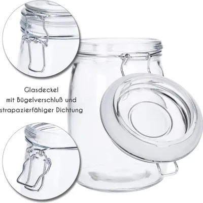 Produktbild von 6er Set Vorratsglas mit Bügelverschluss inkl. 8 Kreidetafelsticker & Stift runde Form (6 x830 ml)