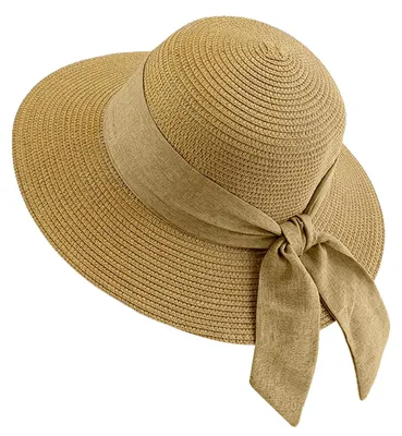 Zdjęcie produktu dla Kapelusz słomkowy damski, khaki, szerokie rondo, UPF 50+, pasek pod brodę, kokarda, na wakacje
