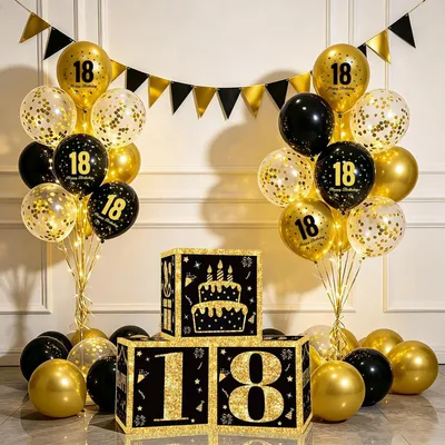Produktbild von Geburtstagsdeko Set 25-teilig, Schwarz Gold, für 18. Geburtstag, Partydekoration