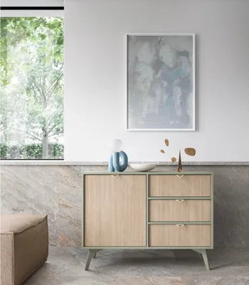 Produktbild von Kommode mit Fächer Fjord Sideboard mit dekorativen Türen Kommode im skandinavischen Stil Mintgrün Kommode mit Schubladen, Farbe: Mint, Beige