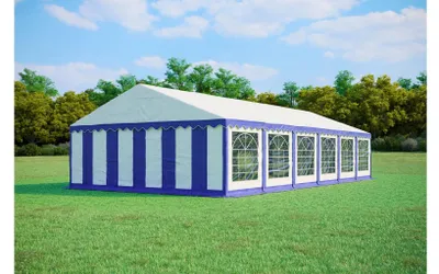 Productafbeelding van Partytent 6x12 m PREMIUM – PVC 500 g/m², brandvertragend, grondframe + dakverstevigingen, tot 150 personen - Blauw-wit