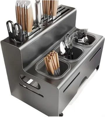 Produktbild von Edelstahl Besteckhalter mit Abtropfschale, Küchenorganizer für Löffel | Gabeln und Essstäbchen, abnehmbare Fächer zur hygienischen Aufbewahrung, und langlebig, dunkelgrau, 8,5x9x12,2 cm