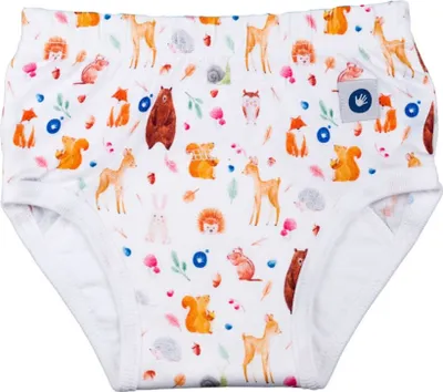 A pair of children's training pants with a woodland animal print.