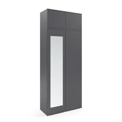 Produktbild von Kleiderschrank 90 cm "Modulo" 2-türig mit Spiegel und Schrankaufsatz, Mehrzweckschrank, Graphit, Push-to-Open-System, Modernes Design